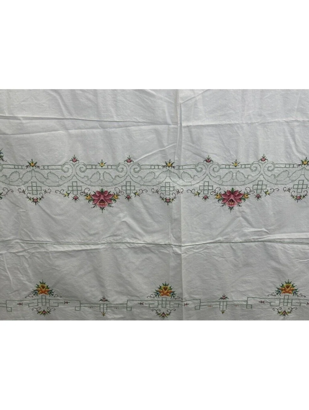 Vintage Geometric Floral Embroidery Cross Stitch Flowers Tablecloth Topper 63x96